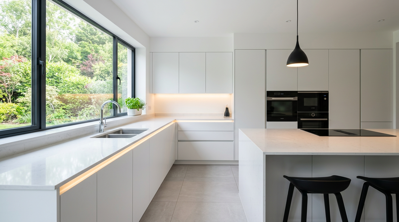 A modern kitchen with energy-efficient appliances, clean lines and smart storage solutions
